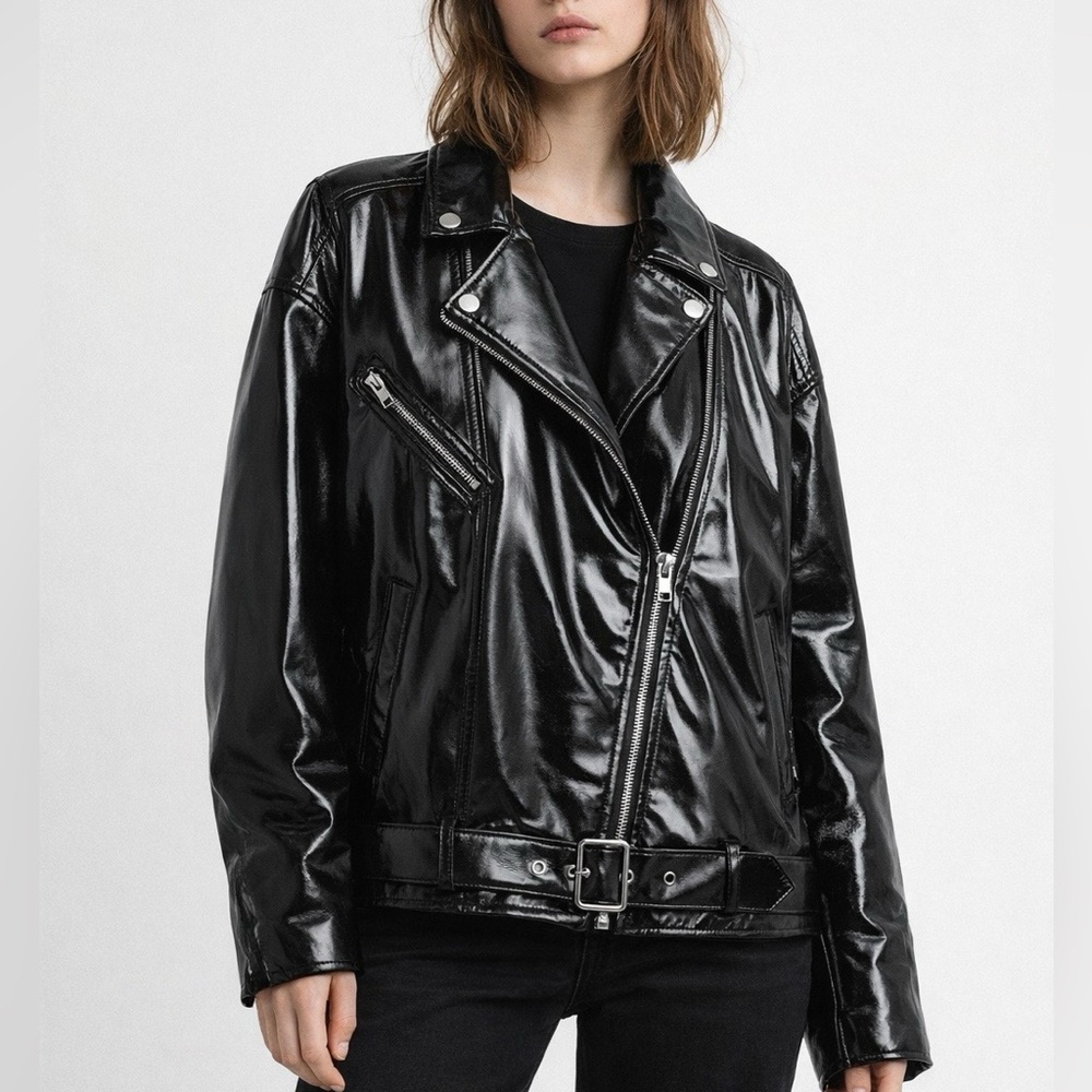 H&M Black Patent Biker Jacket Oversized Small NWT High Shine - Picture 1 of 8